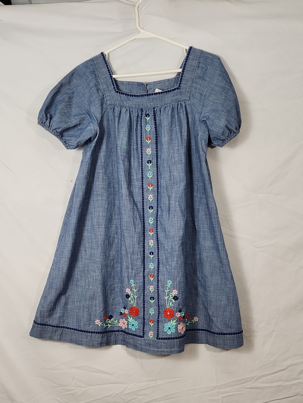 J Crew Crewcuts Girls Blue Embroidered Chambray Dress